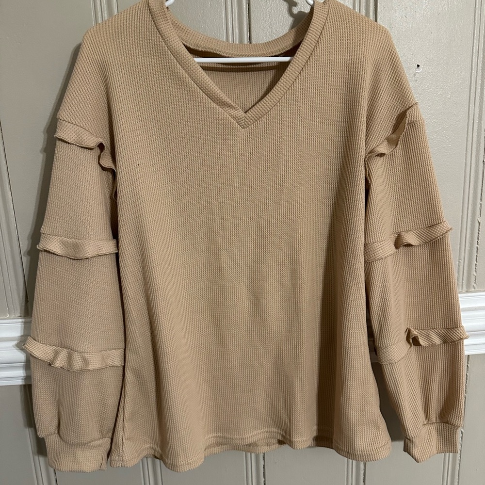 Beige Ruffle Sleeve V-Neck Top